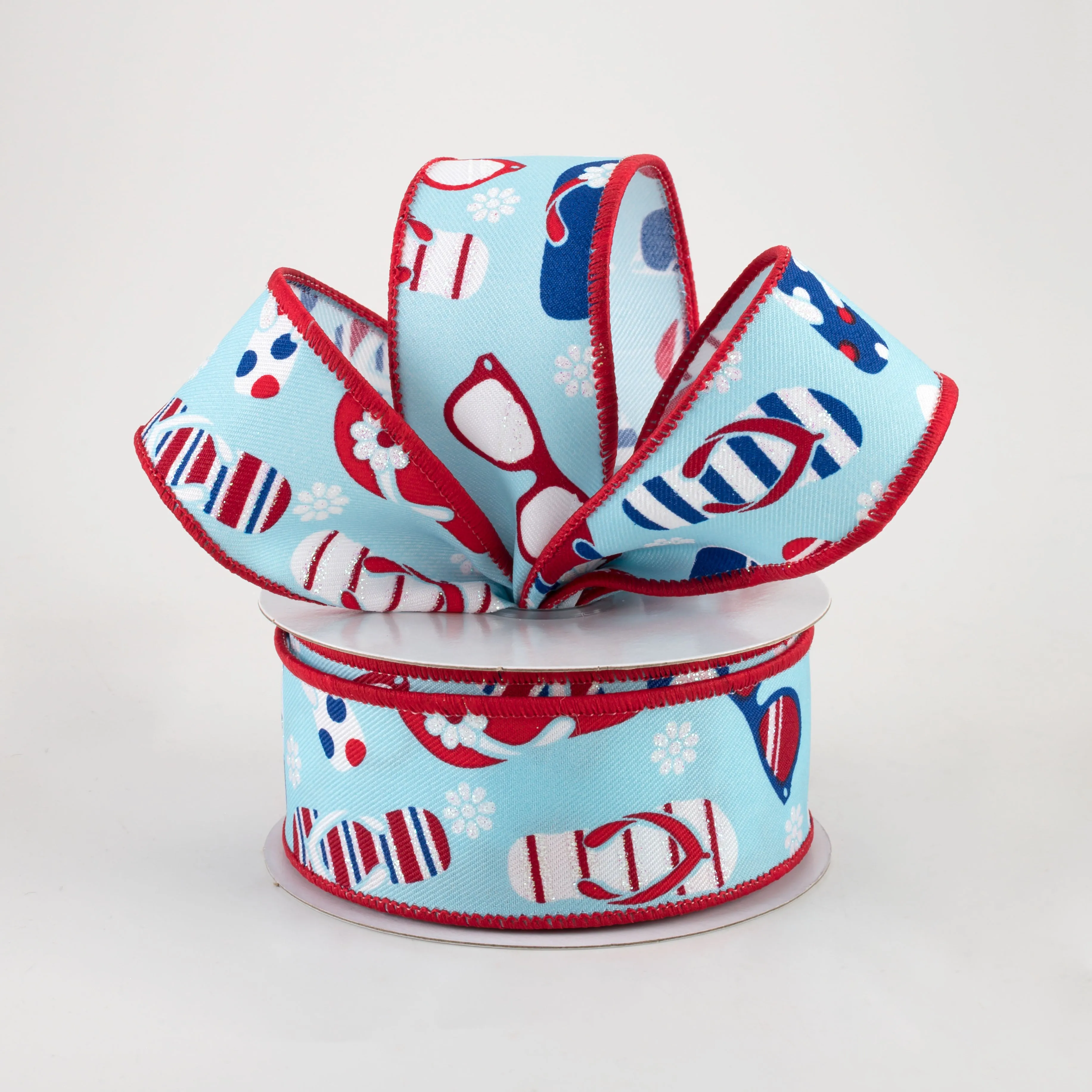 1.5" Flip Flops & Sunglasses Ribbon: Light Blue & RWB (10 Yards)