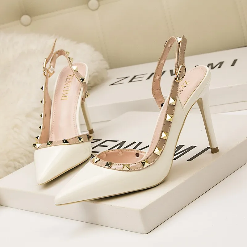 Amozae- Women's Shoes Rivet Hollow Sandals 10CM PUMPS Simple And Fashionable   Nightclub Stiletto High Heel Shallow Mouth Pointed