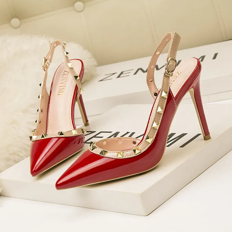 Amozae- Women's Shoes Rivet Hollow Sandals 10CM PUMPS Simple And Fashionable   Nightclub Stiletto High Heel Shallow Mouth Pointed