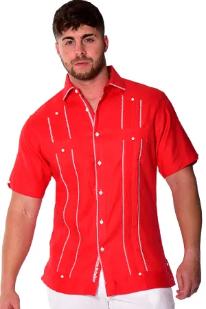 Bohio Mens 100% Pure Linen Cuban Guayabera Shirt - Short Sleeved Pin-Tucked w/Contrast Gingham Trims MLFG2028