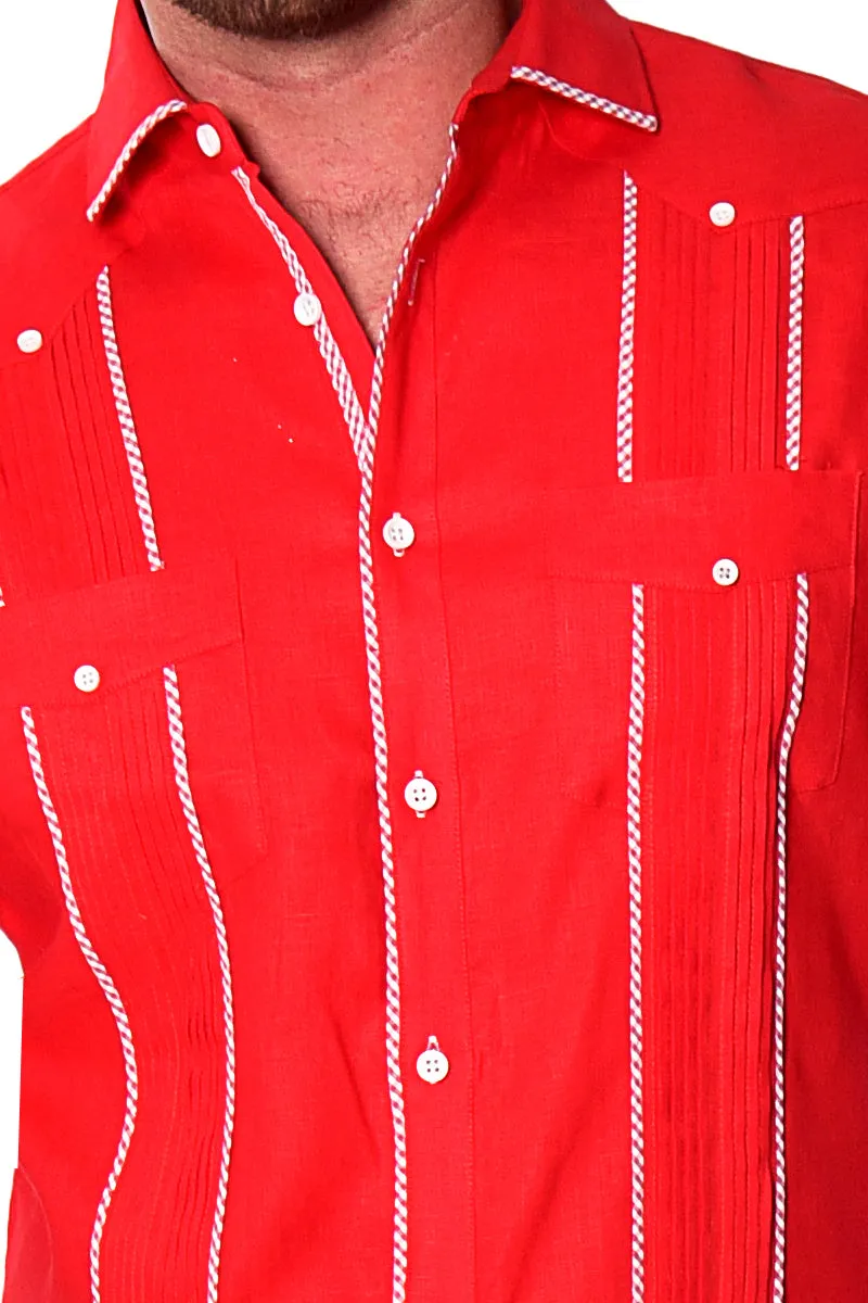 Bohio Mens 100% Pure Linen Cuban Guayabera Shirt - Short Sleeved Pin-Tucked w/Contrast Gingham Trims MLFG2028