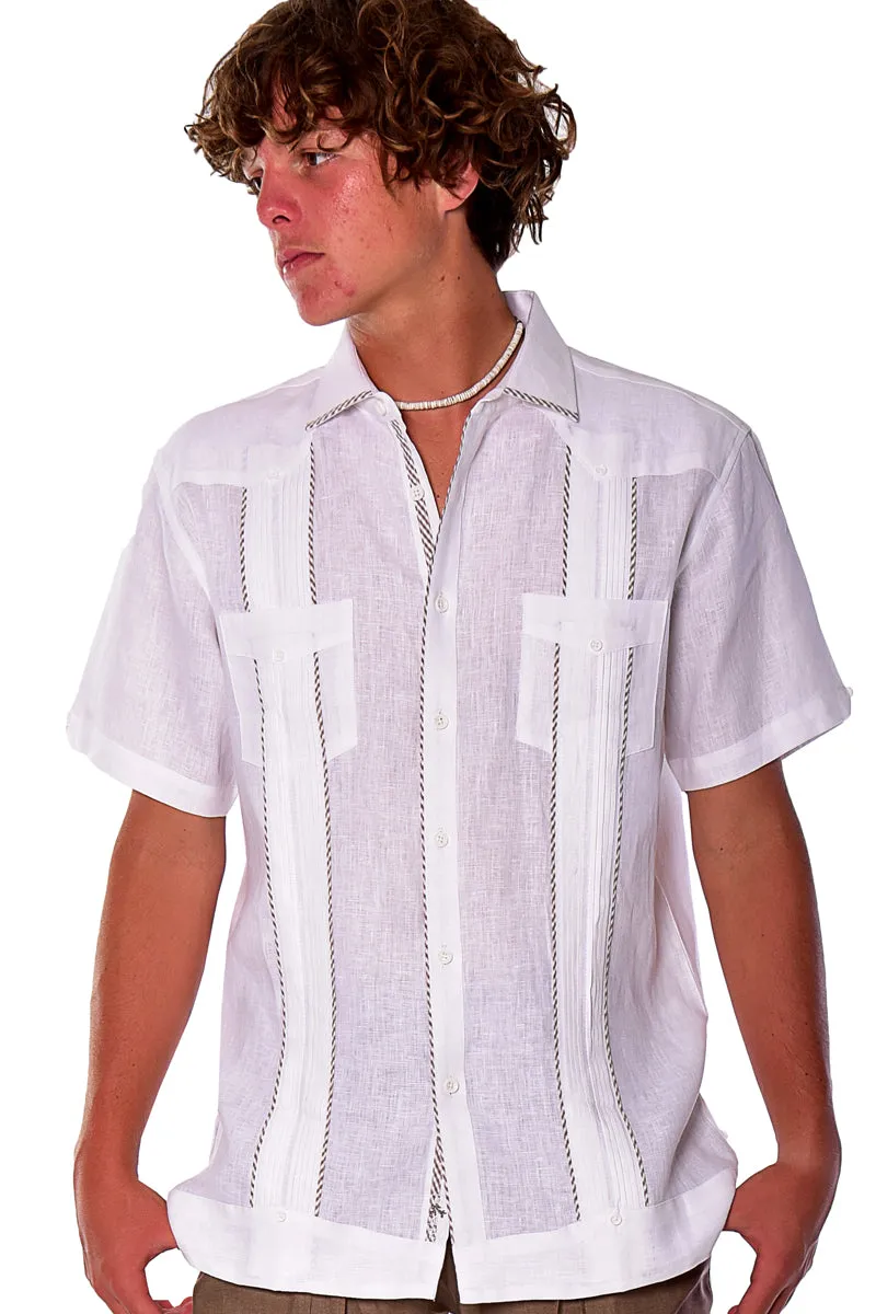 Bohio Mens 100% Pure Linen Cuban Guayabera Shirt - Short Sleeved Pin-Tucked w/Contrast Gingham Trims MLFG2028
