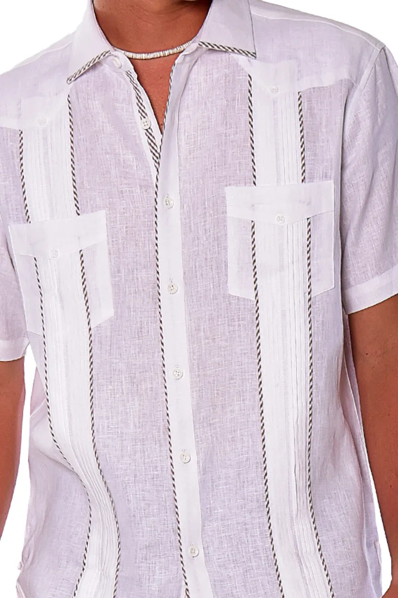 Bohio Mens 100% Pure Linen Cuban Guayabera Shirt - Short Sleeved Pin-Tucked w/Contrast Gingham Trims MLFG2028