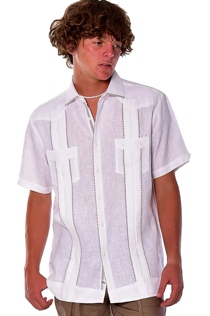 Bohio Mens 100% Pure Linen Cuban Guayabera Shirt - Short Sleeved Pin-Tucked w/Contrast Gingham Trims MLFG2028