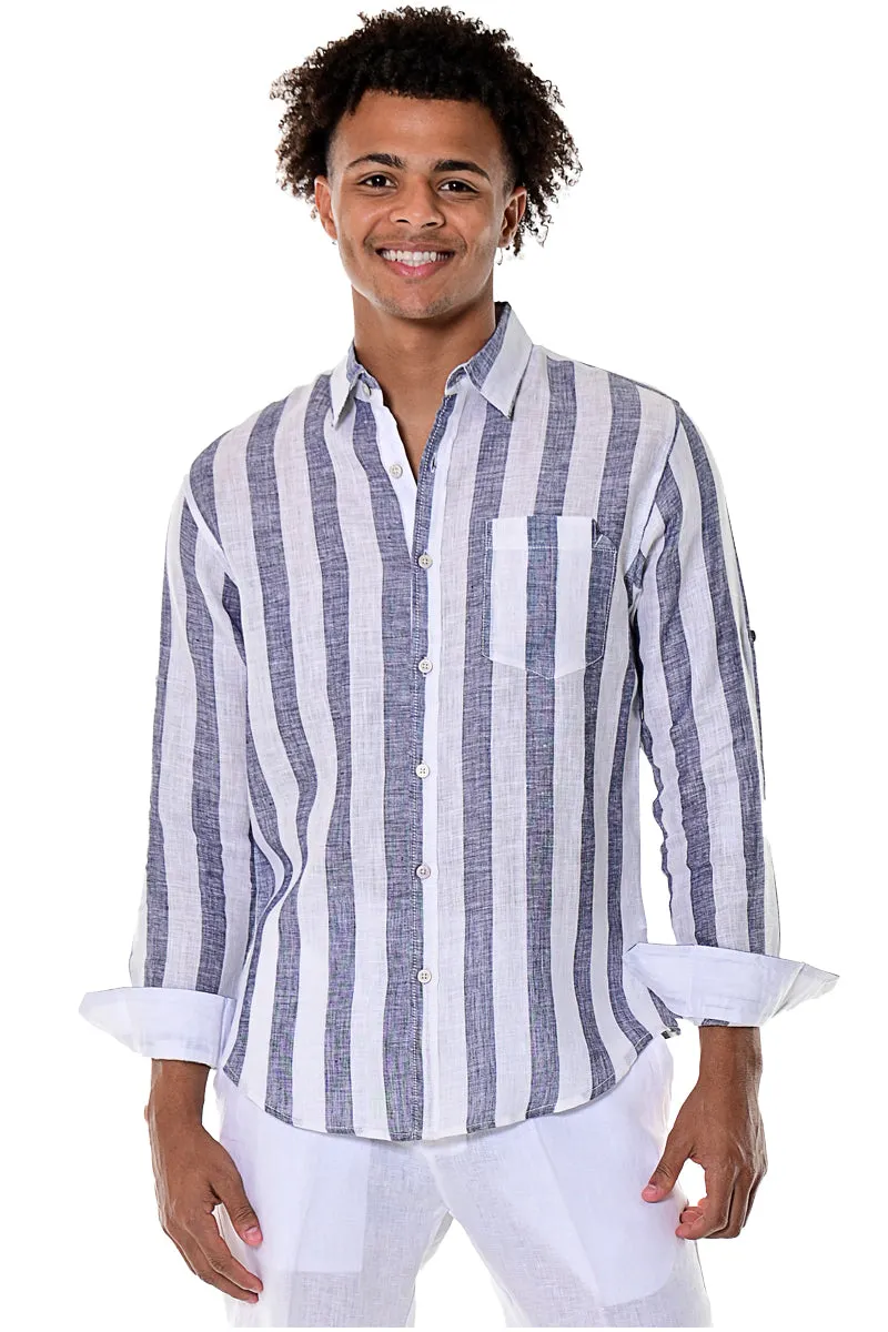 Bohio100% Linen Mens Long Sleeve Button-Down Shirt with Pocket & Stripes in (2) Colors -MLS1694