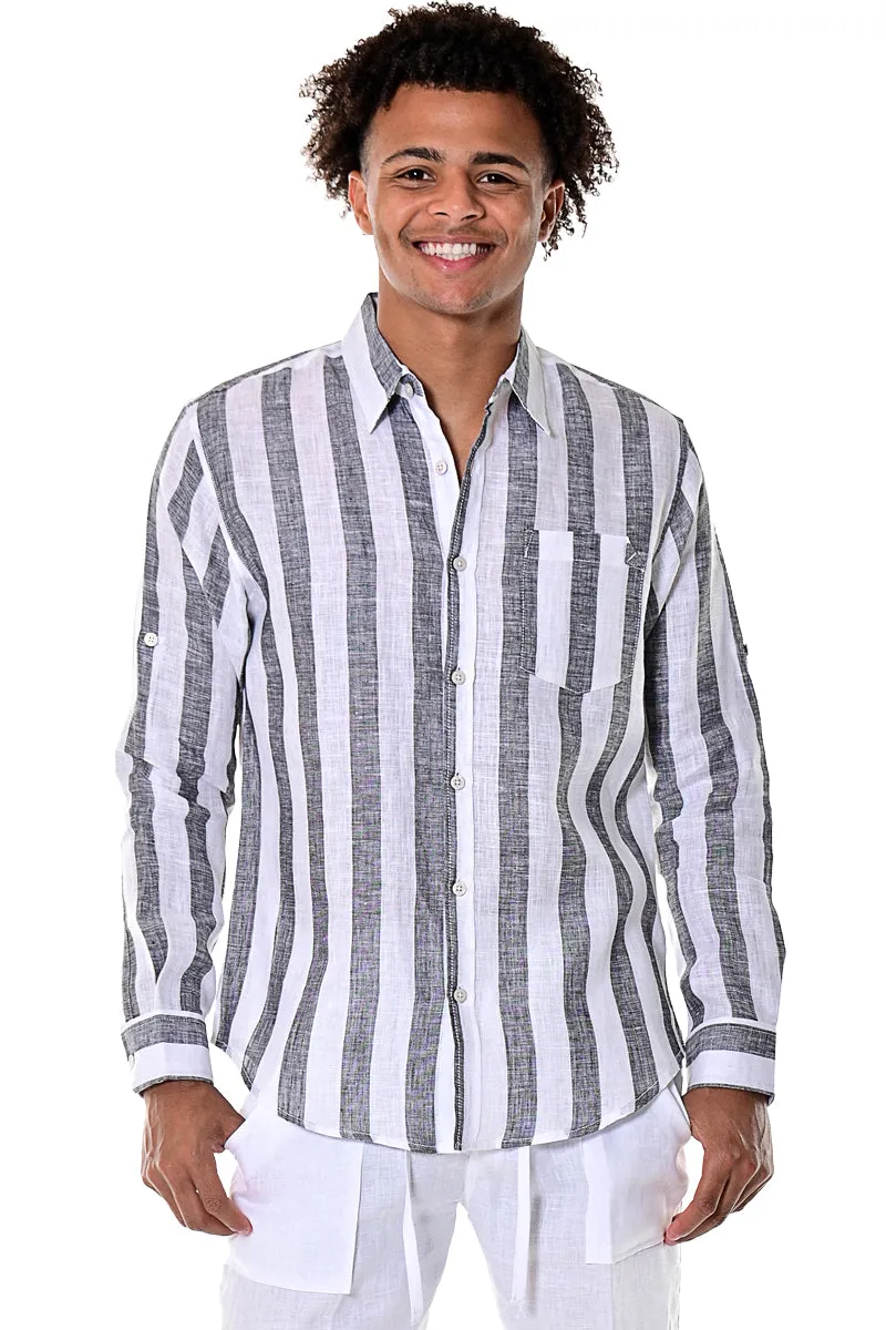 Bohio100% Linen Mens Long Sleeve Button-Down Shirt with Pocket & Stripes in (2) Colors -MLS1694