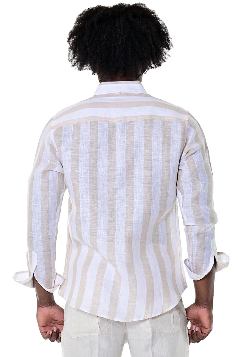 Bohio100% Linen Mens Long Sleeve Button-Down Shirt with Pocket & Stripes in (2) Colors -MLS1694