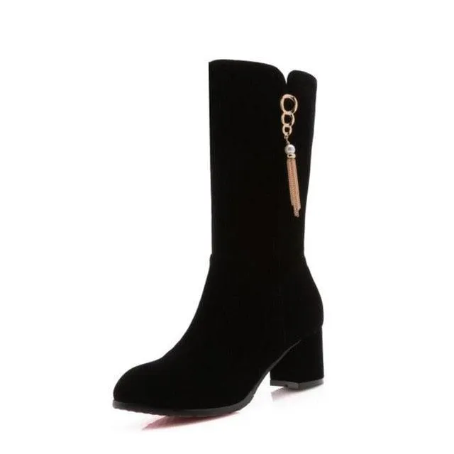 Buckle Bowknot Zipper Mid Calf Booties