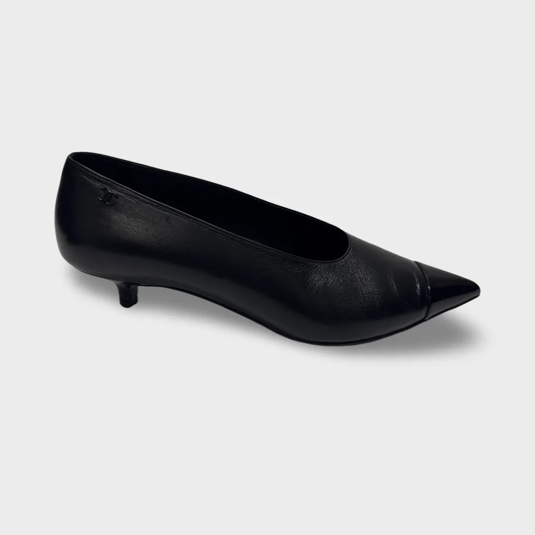 Chanel Women's Kitten-heel Black Leather Pumps