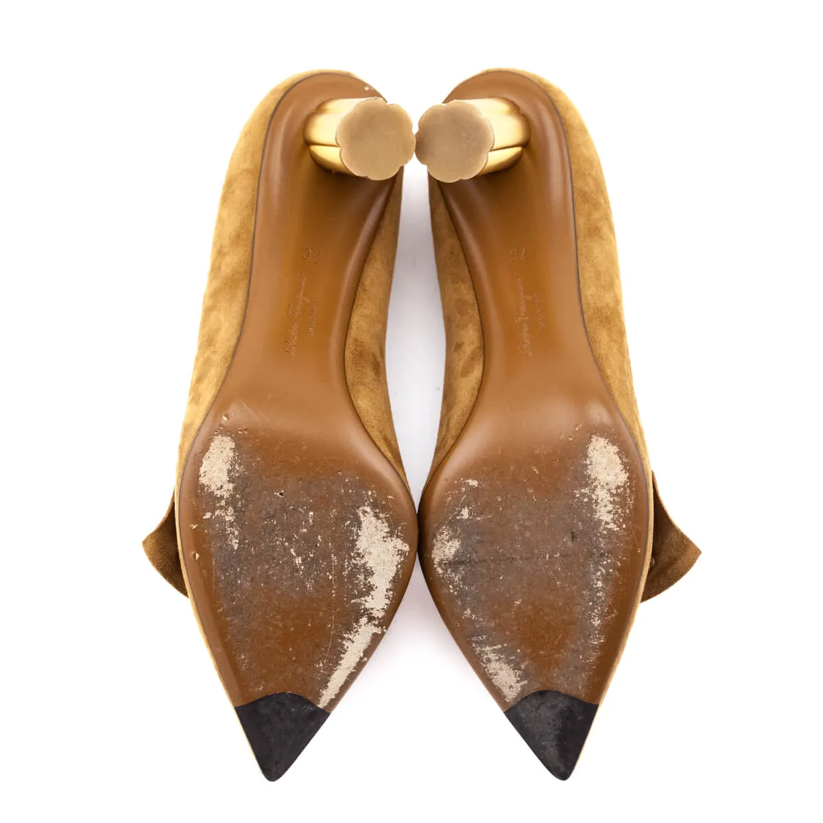 Ferragamo Tan Suede Garlate Flower Heel Pumps Size US 7 | IT 37