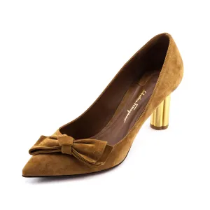 Ferragamo Tan Suede Garlate Flower Heel Pumps Size US 7 | IT 37