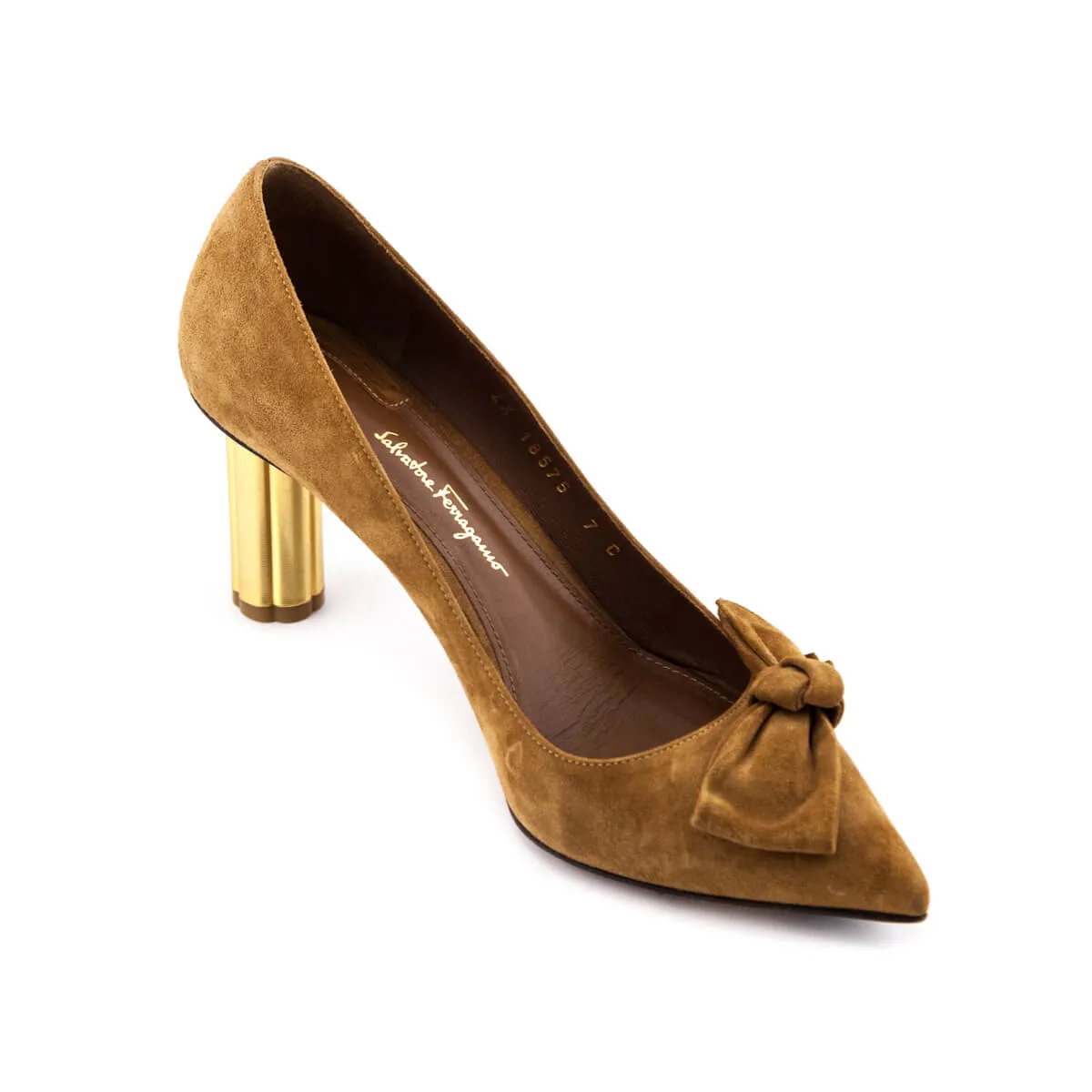 Ferragamo Tan Suede Garlate Flower Heel Pumps Size US 7 | IT 37