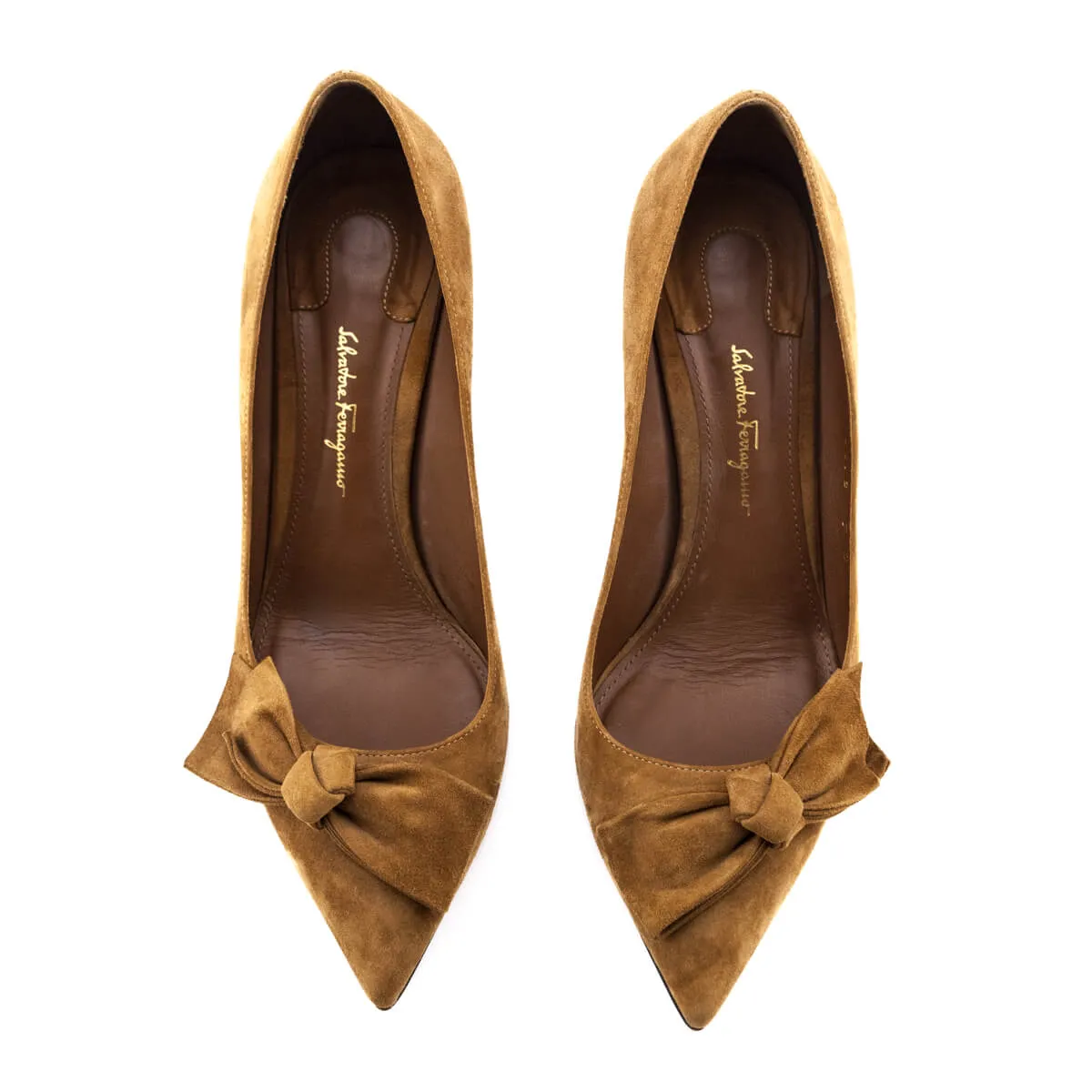 Ferragamo Tan Suede Garlate Flower Heel Pumps Size US 7 | IT 37