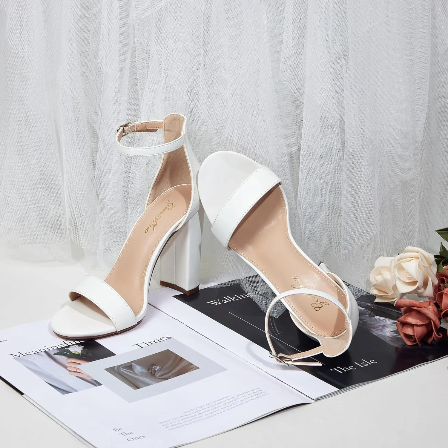 GENSHUO Women's 4-inch Chunky High Heel Sandals with Ankle Strap,Party Wedding Bridal Shoes