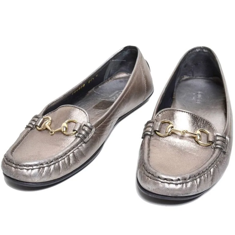 Gucci Womens Metallic Loafer Driver Shoes with Horse Bit Buckles Size 37.5