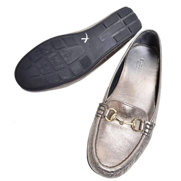 Gucci Womens Metallic Loafer Driver Shoes with Horse Bit Buckles Size 37.5