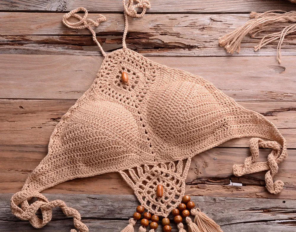 Handmade Crochet Set  Bohemia Style Off-Shoulder High Neck Beachwear