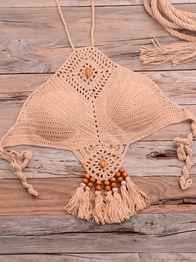 Handmade Crochet Set  Bohemia Style Off-Shoulder High Neck Beachwear