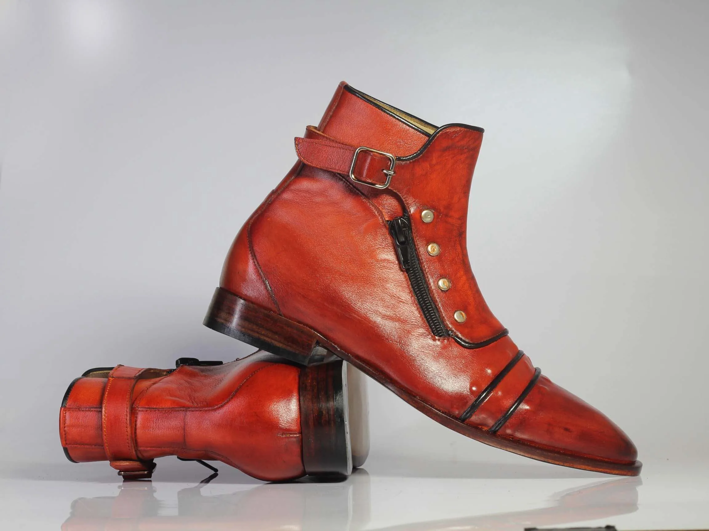 Handmade Men’s Brown Ankle High Boots, Men Cap Toe Buckle & Zipper Leather Boots