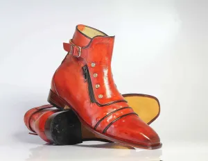 Handmade Men’s Brown Ankle High Boots, Men Cap Toe Buckle & Zipper Leather Boots