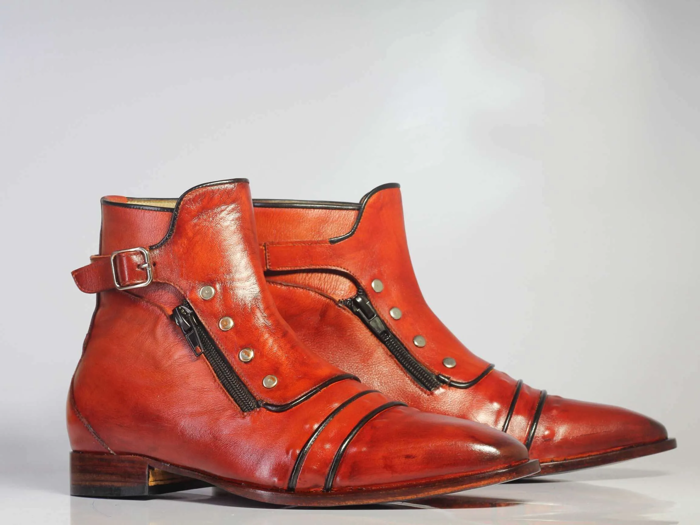 Handmade Men’s Brown Ankle High Boots, Men Cap Toe Buckle & Zipper Leather Boots