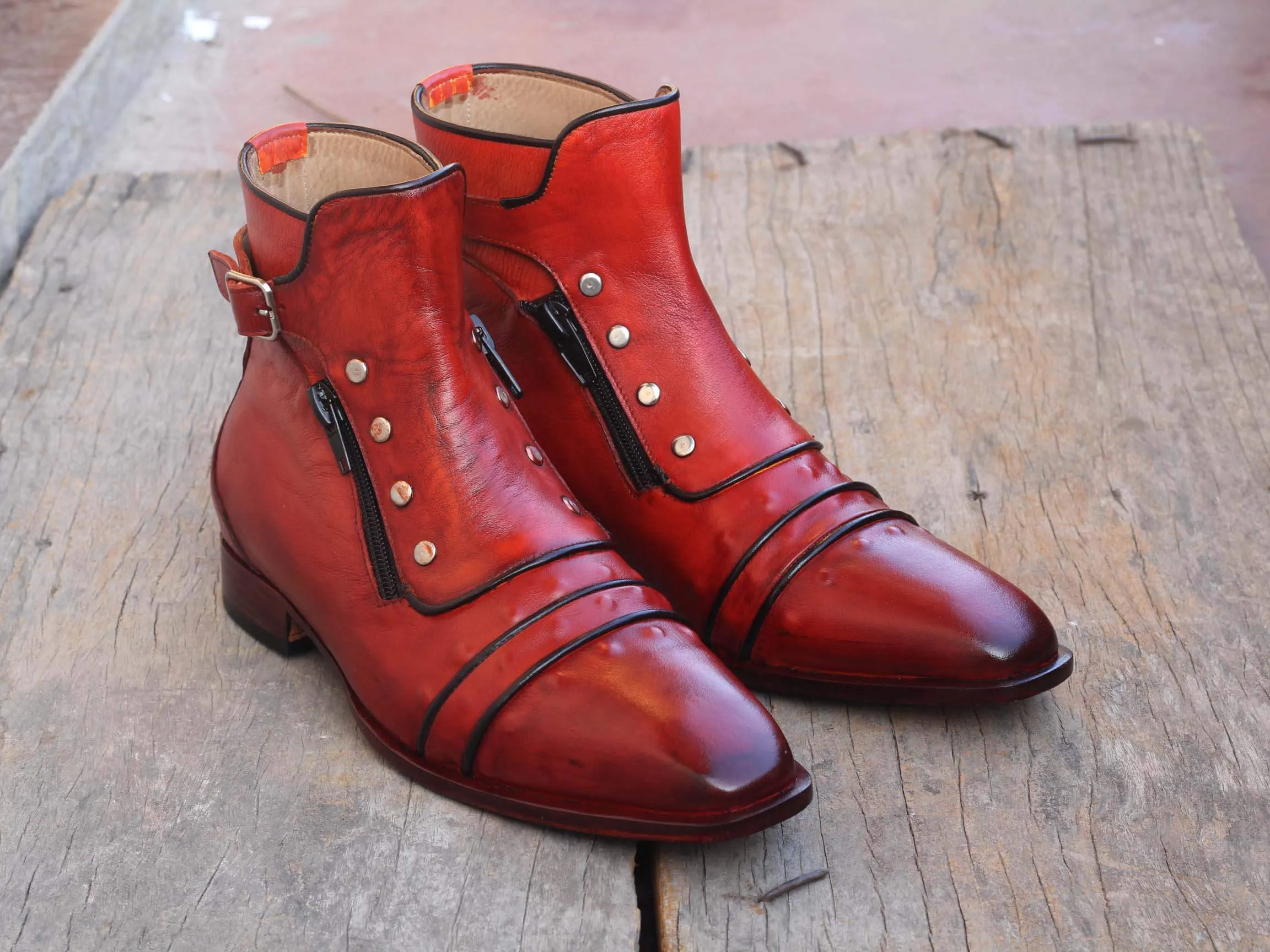Handmade Men’s Brown Ankle High Boots, Men Cap Toe Buckle & Zipper Leather Boots