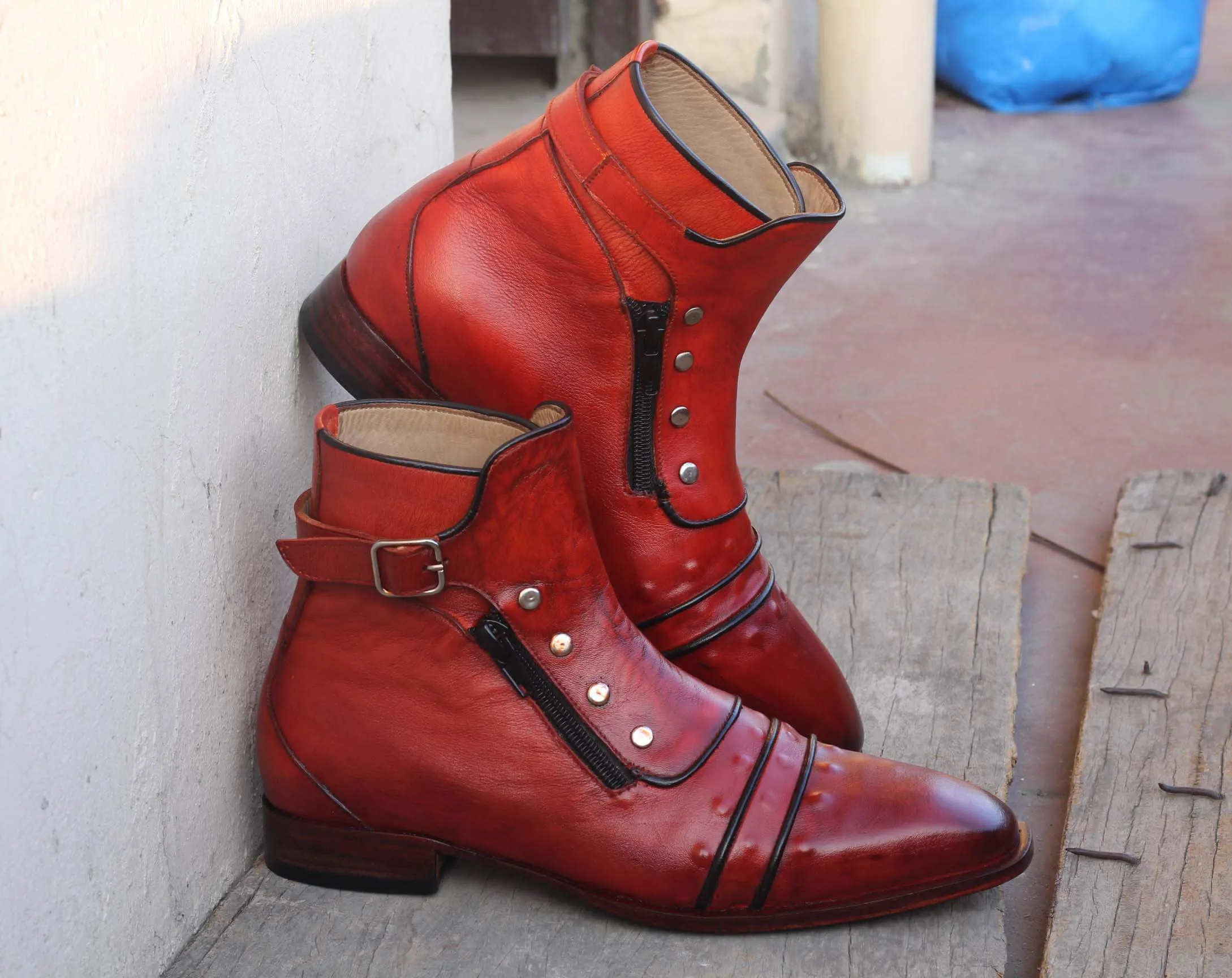 Handmade Men’s Brown Ankle High Boots, Men Cap Toe Buckle & Zipper Leather Boots