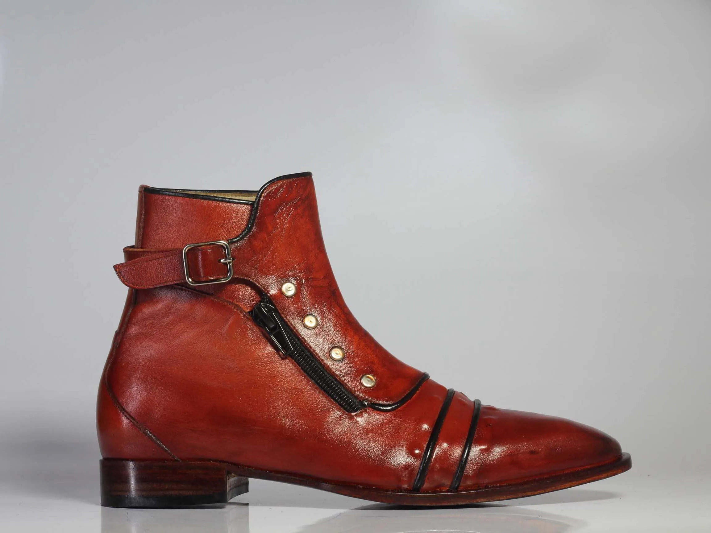 Handmade Men’s Brown Ankle High Boots, Men Cap Toe Buckle & Zipper Leather Boots