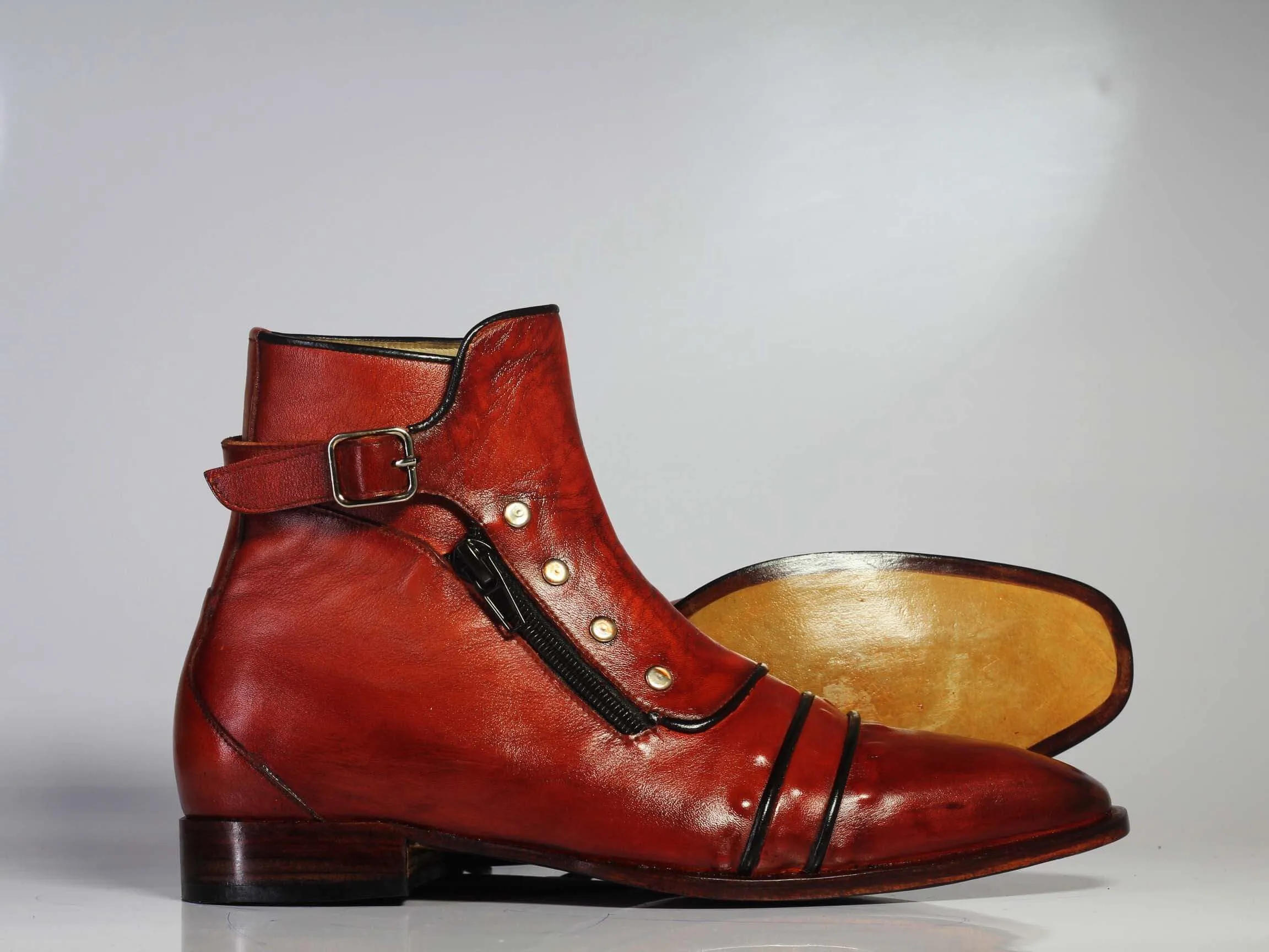 Handmade Men’s Brown Ankle High Boots, Men Cap Toe Buckle & Zipper Leather Boots