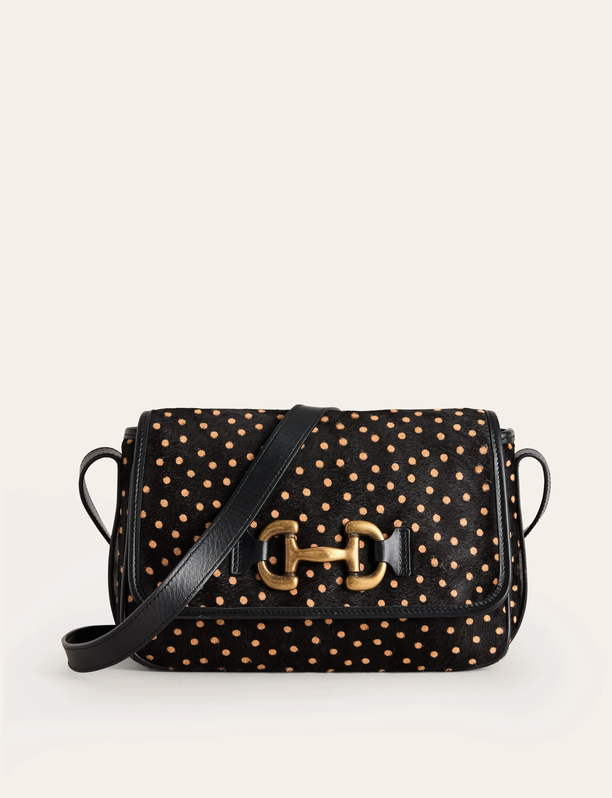 Iris Snaffle Leather Bag-Black and Camel Spot