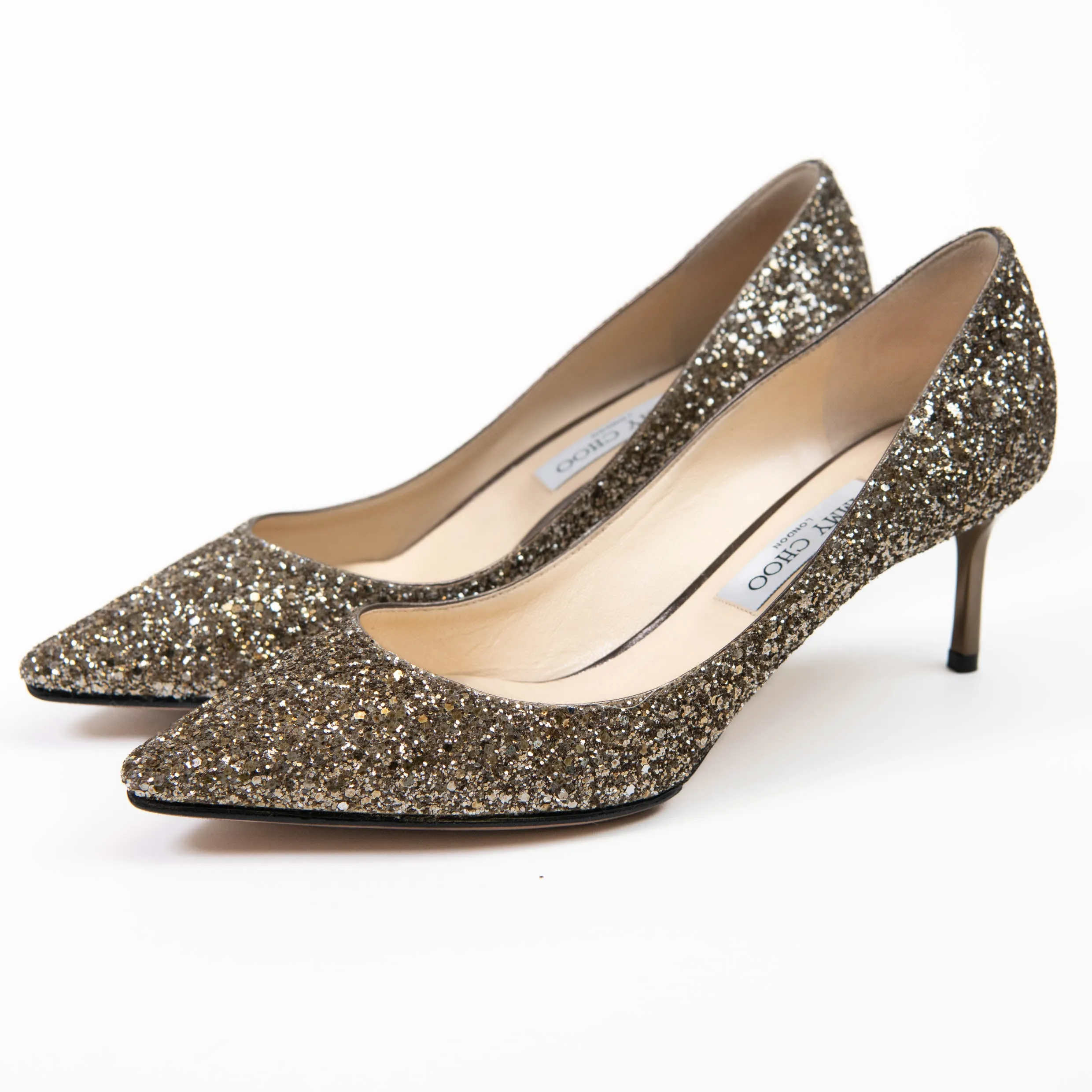Jimmy Choo Gold Glitter Pointy Toe Romy 60 Pumps 41