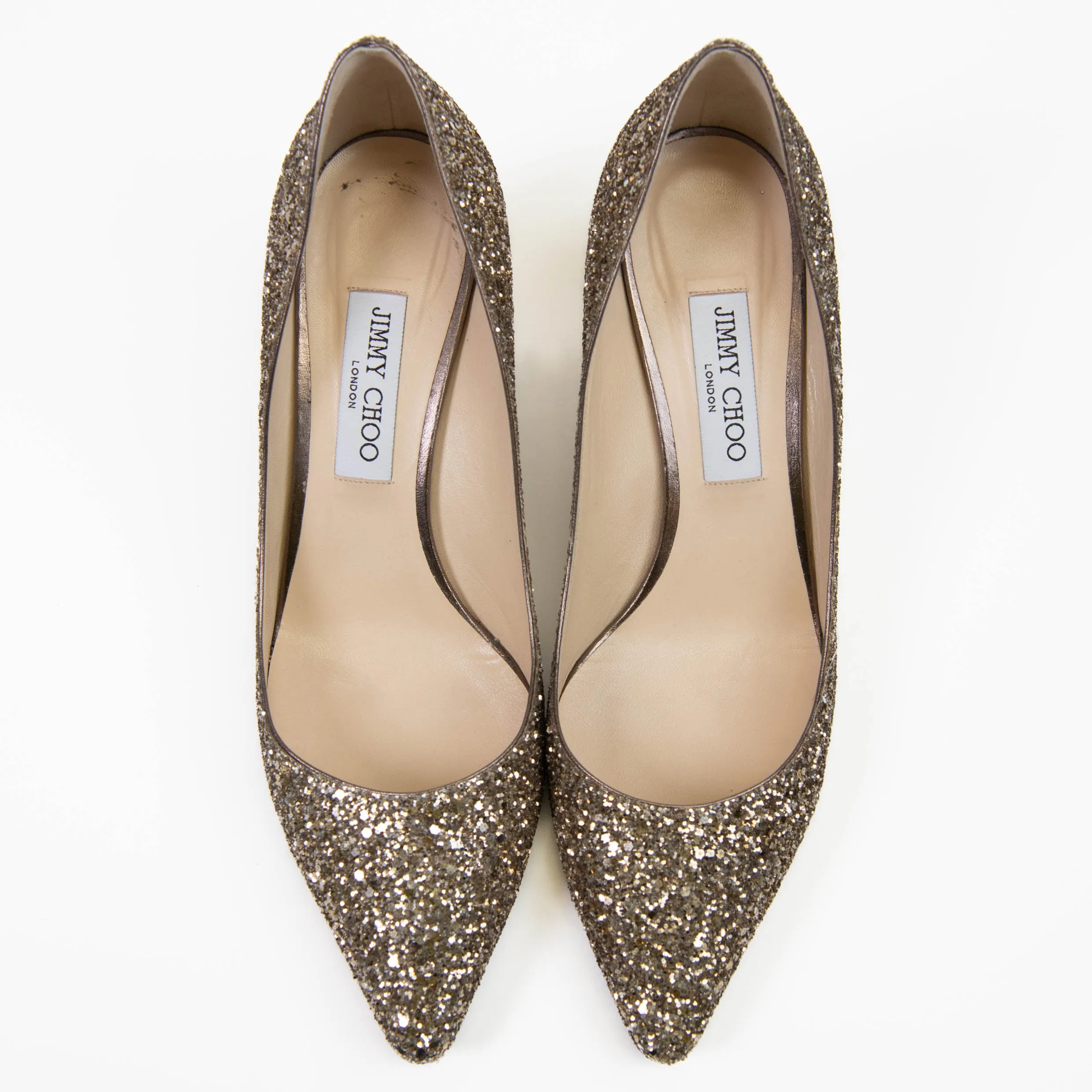 Jimmy Choo Gold Glitter Pointy Toe Romy 60 Pumps 41