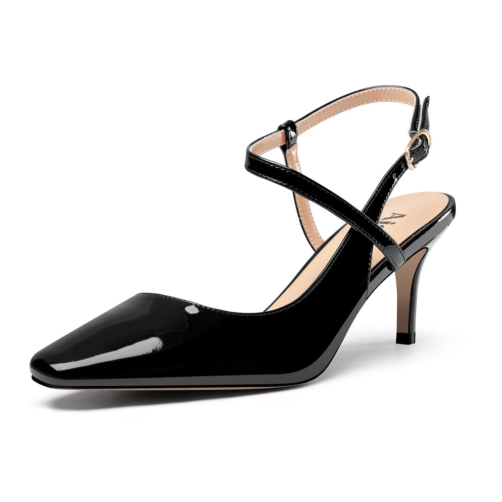Ladies Patent Leather Slingback Pumps with 2.3 Inche Stiletto Heel and Petite Square Toe for Women