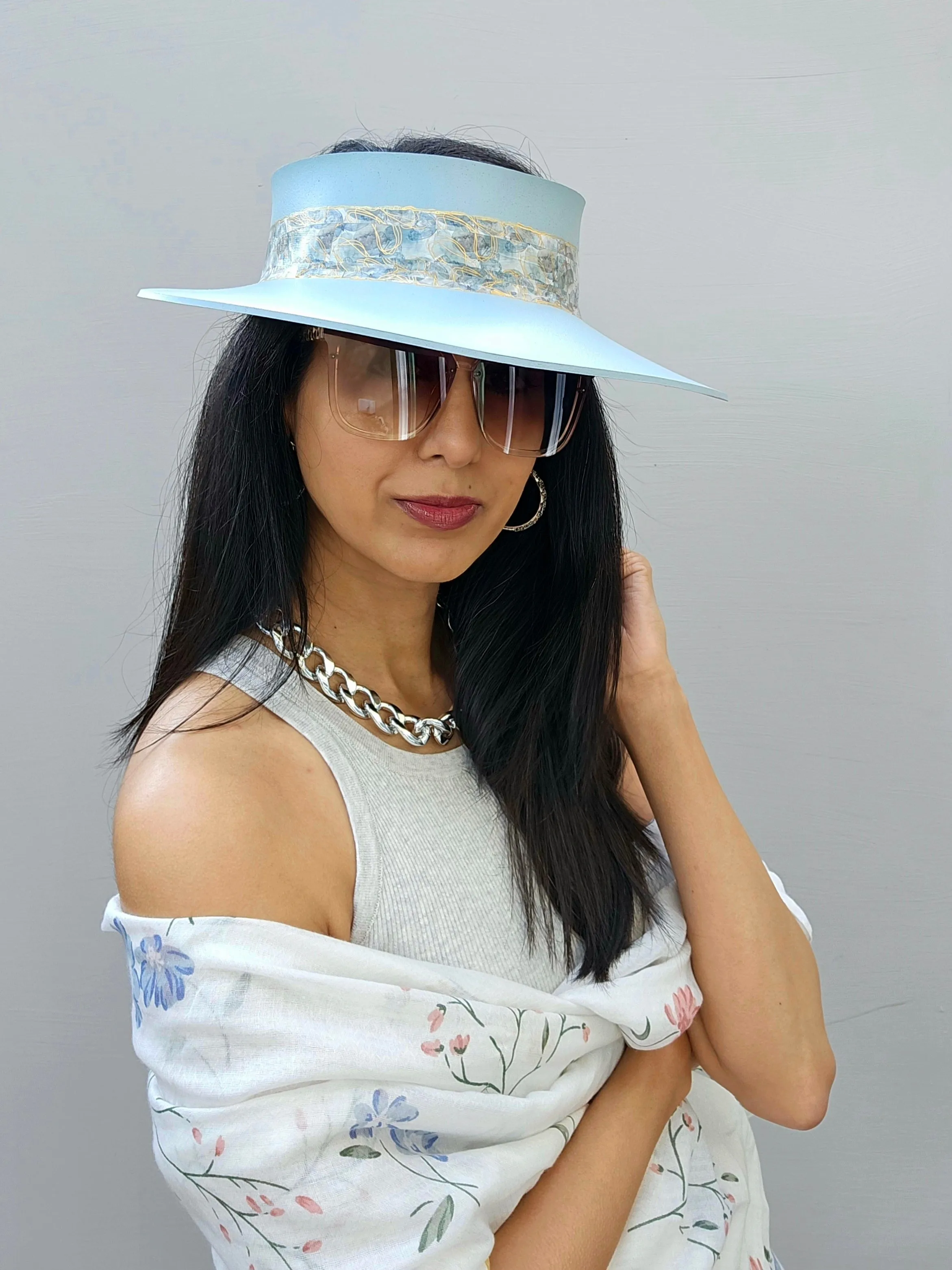 Light Blue "LadyEVA" Visor Hat with Elegant Golden Band