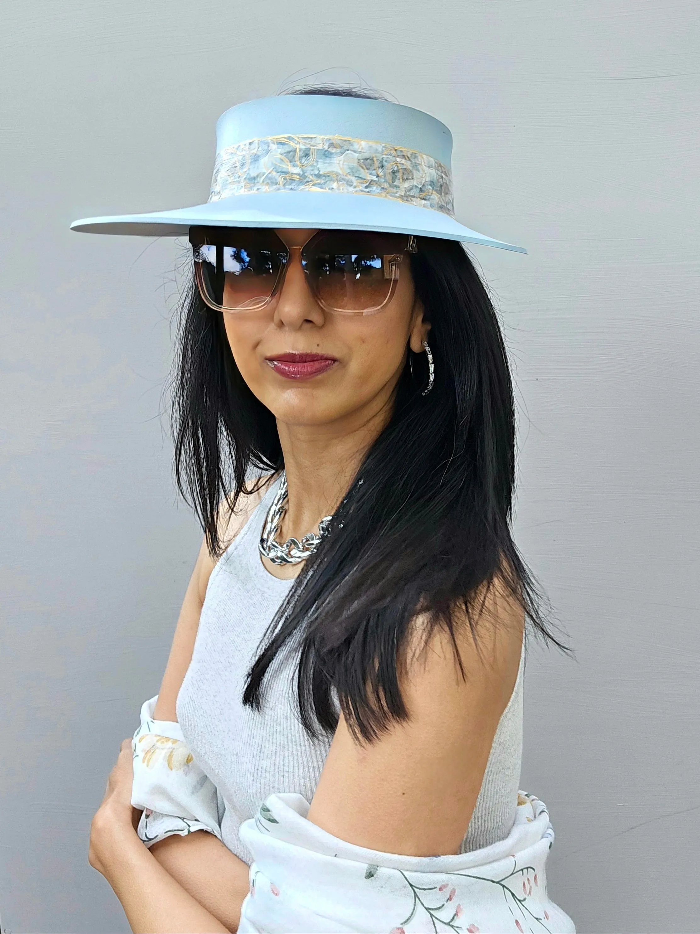 Light Blue "LadyEVA" Visor Hat with Elegant Golden Band