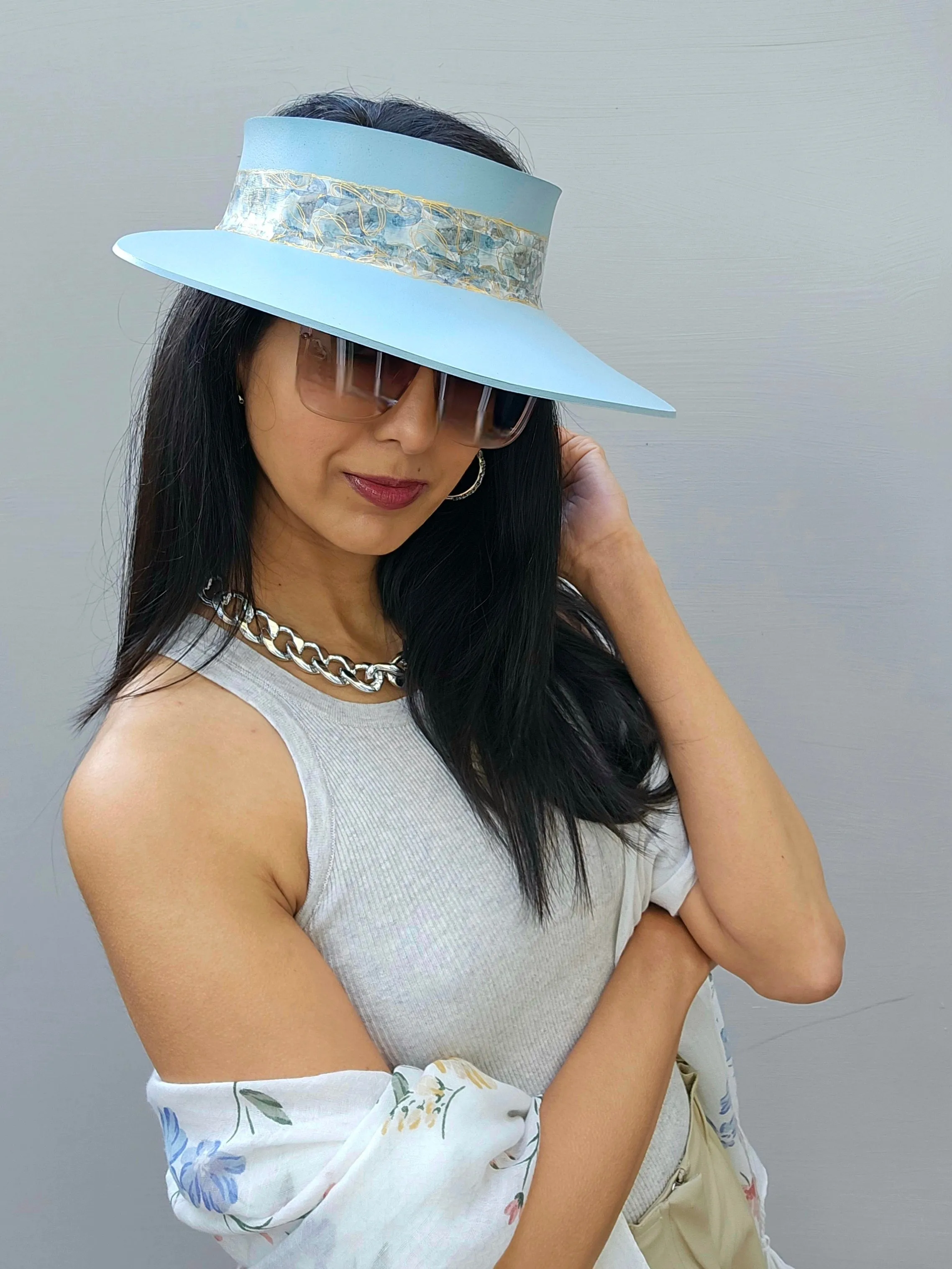 Light Blue "LadyEVA" Visor Hat with Elegant Golden Band