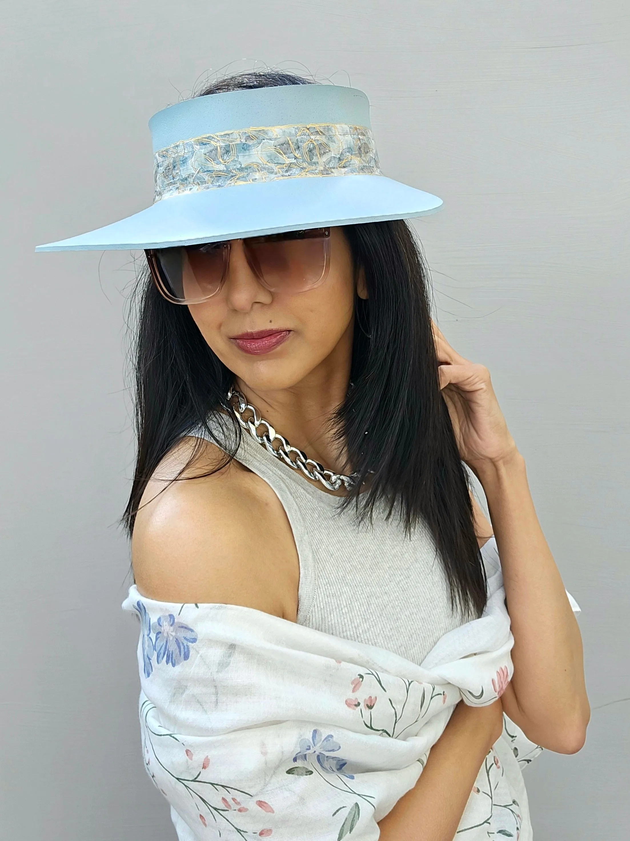 Light Blue "LadyEVA" Visor Hat with Elegant Golden Band