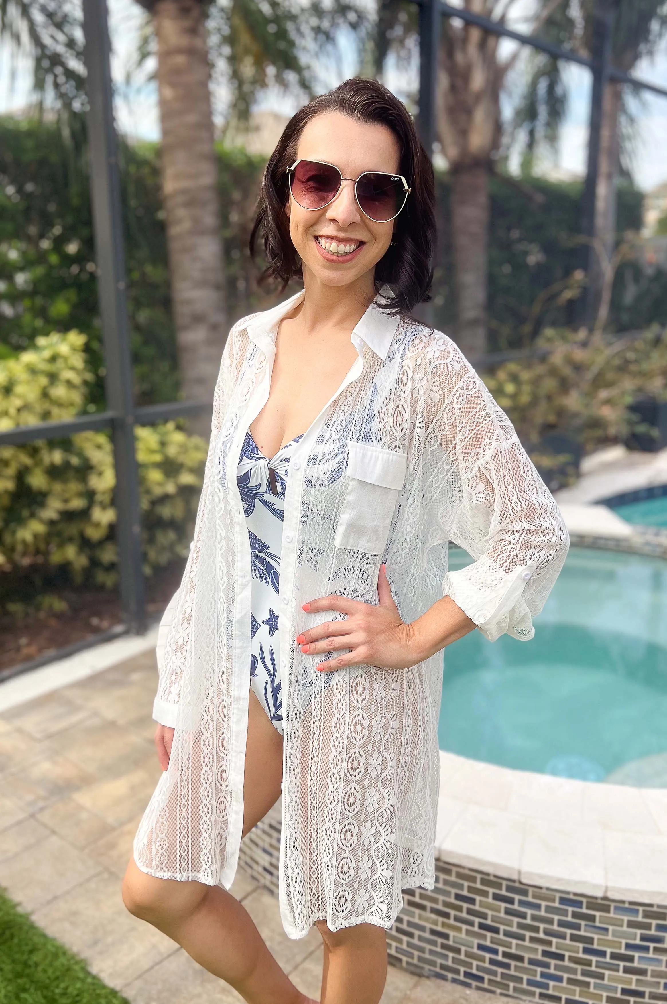 Loloh Lace Button-Up Cover Up Shirtdress