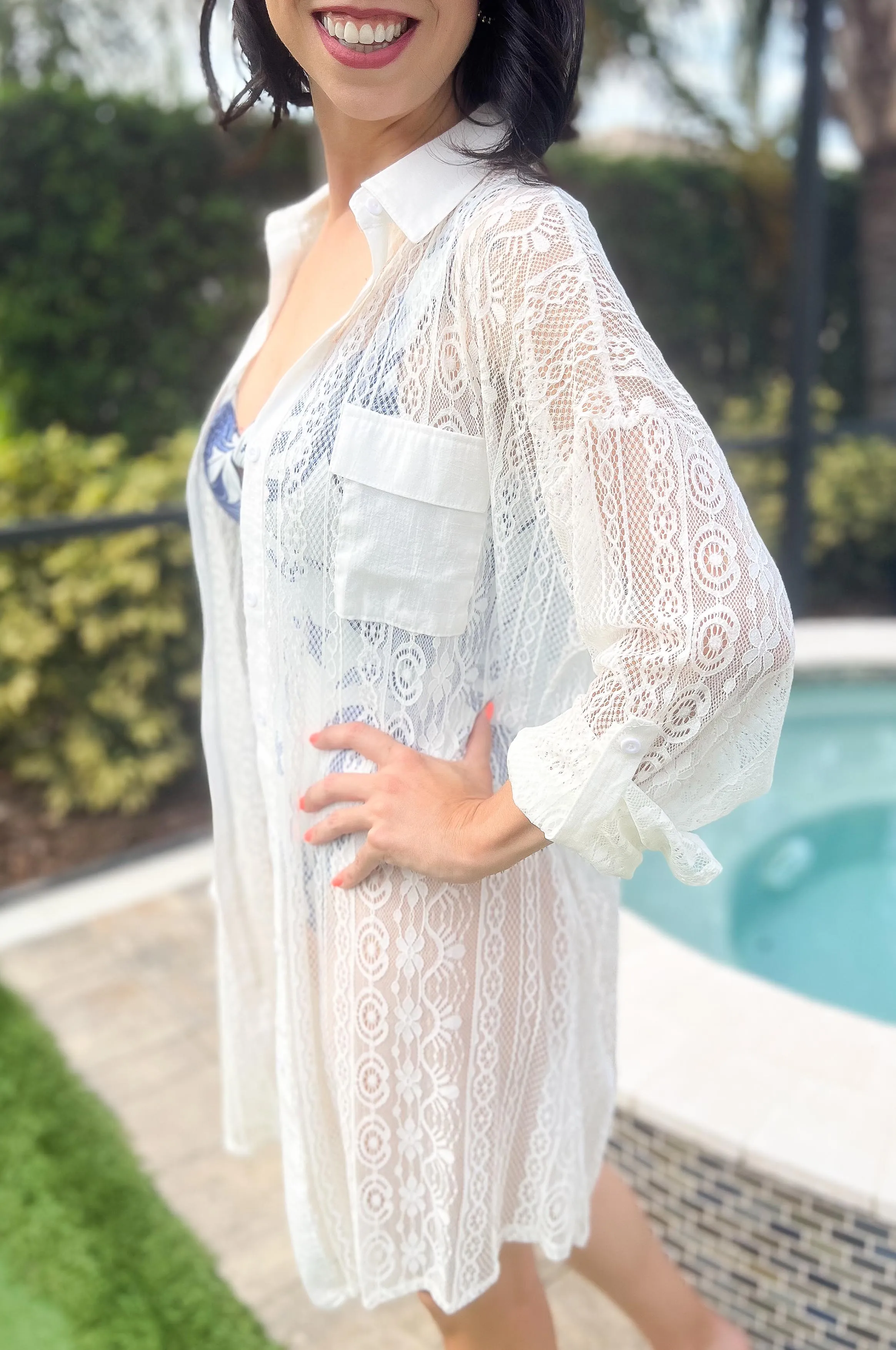 Loloh Lace Button-Up Cover Up Shirtdress