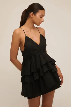 Lucia Tiered Mini Dress in Linen Black