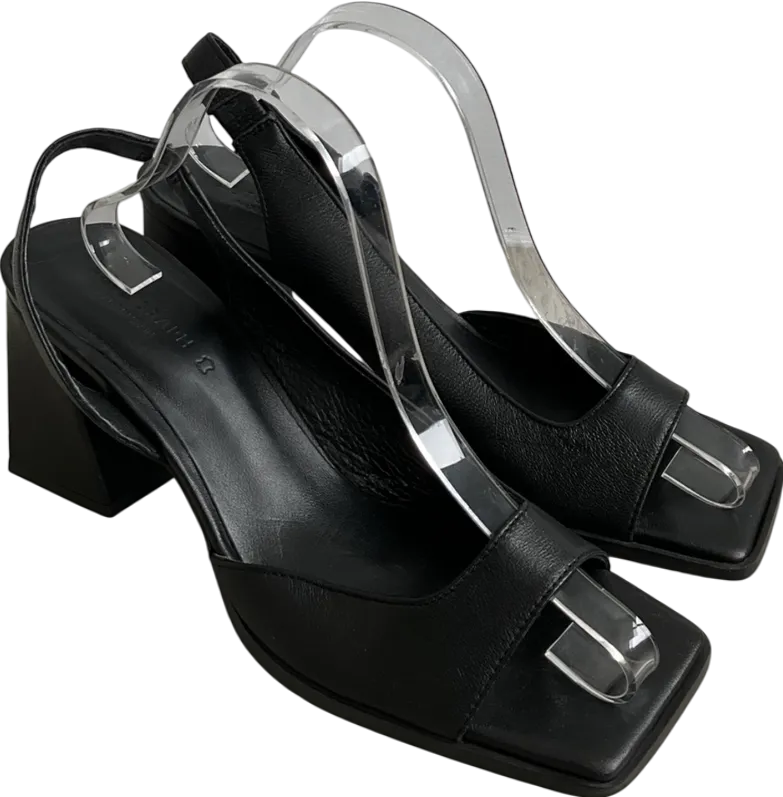 M&S Black Square Toe Leather Chunky Heels UK 8 EU 41 