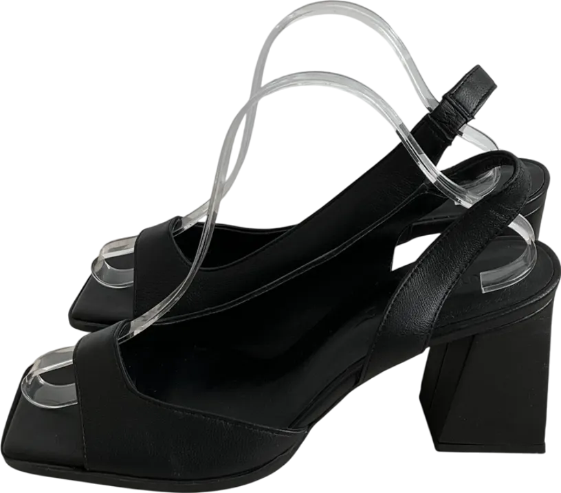 M&S Black Square Toe Leather Chunky Heels UK 8 EU 41 