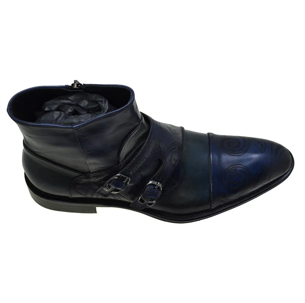 Men's Italian Shoes Jo Ghost 2994 Blue Leather Embroidery Formal Ankle Boots