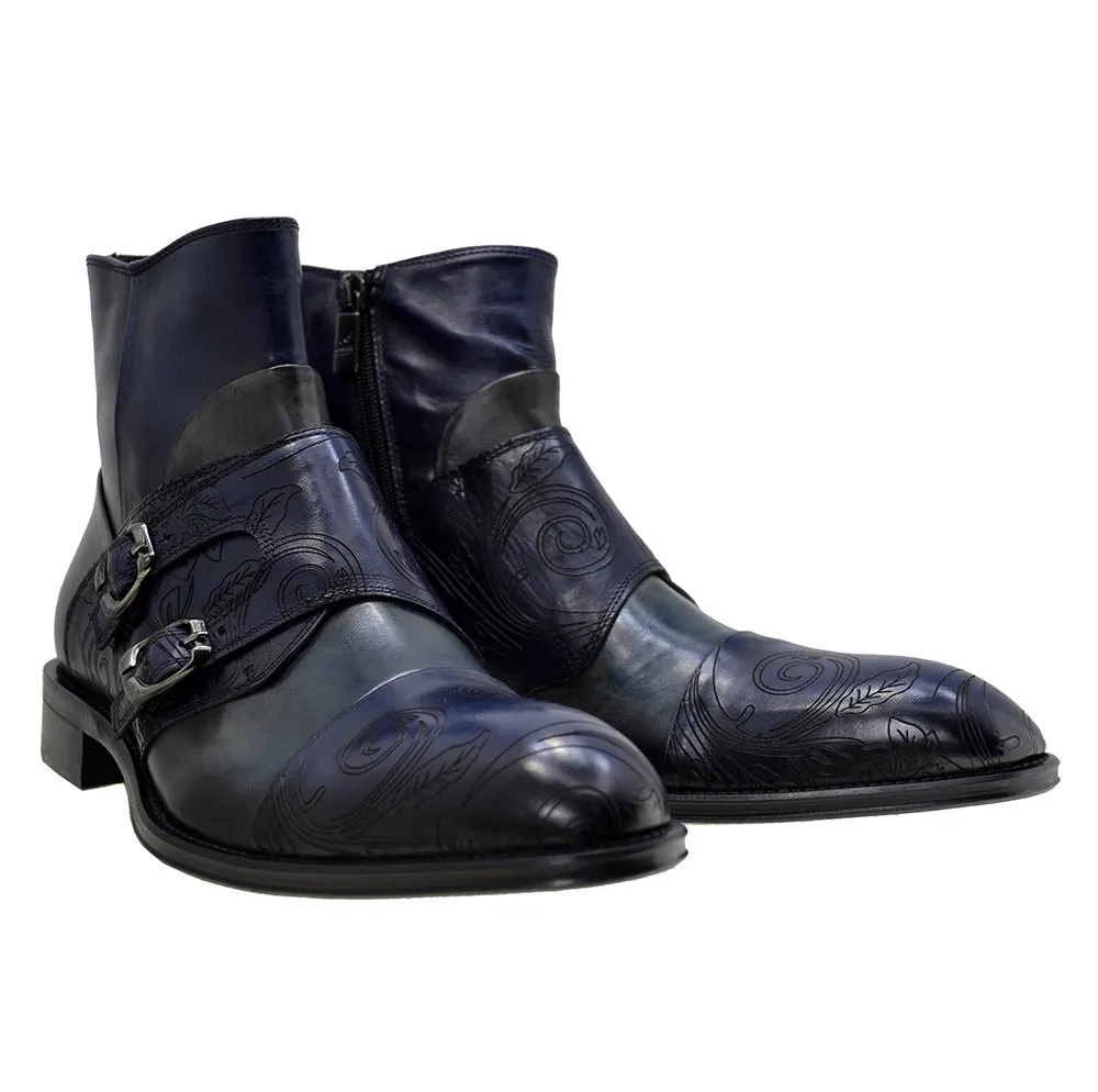 Men's Italian Shoes Jo Ghost 2994 Blue Leather Embroidery Formal Ankle Boots