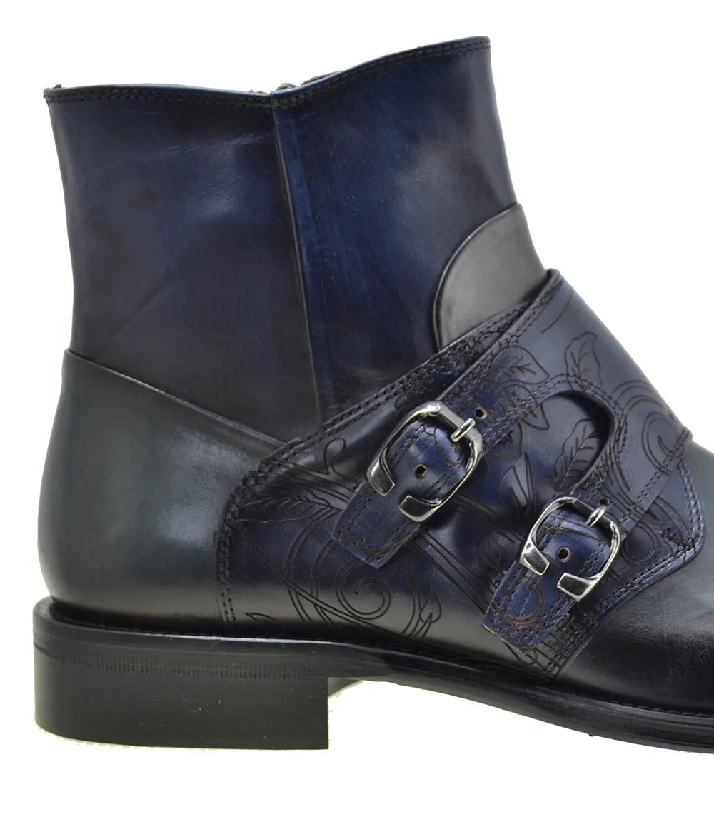 Men's Italian Shoes Jo Ghost 2994 Blue Leather Embroidery Formal Ankle Boots