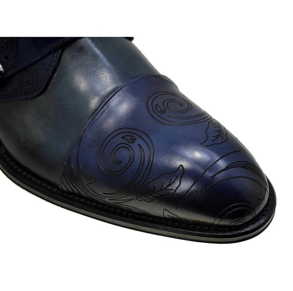 Men's Italian Shoes Jo Ghost 2994 Blue Leather Embroidery Formal Ankle Boots
