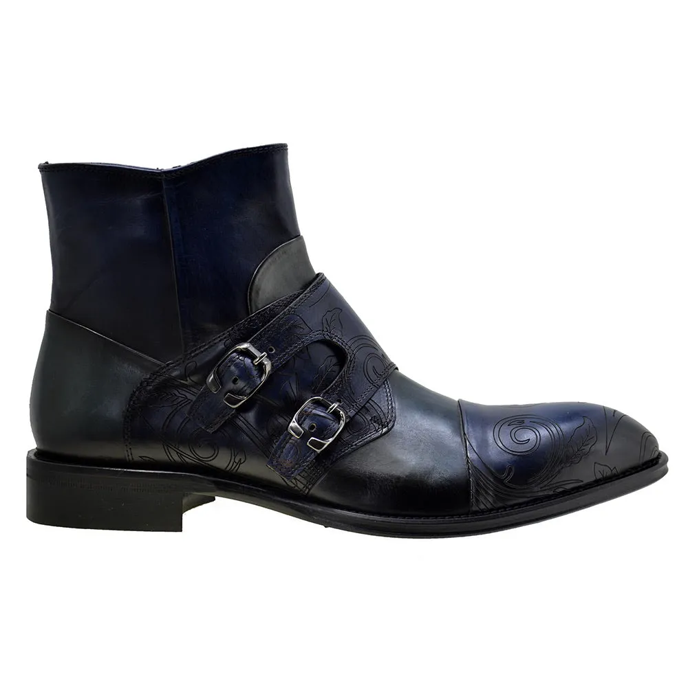 Men's Italian Shoes Jo Ghost 2994 Blue Leather Embroidery Formal Ankle Boots