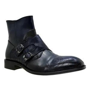Men's Italian Shoes Jo Ghost 2994 Blue Leather Embroidery Formal Ankle Boots