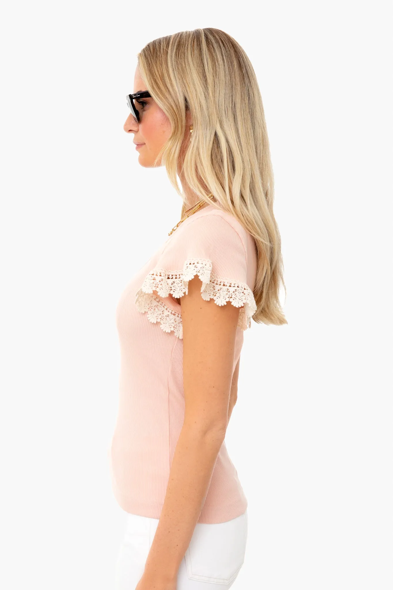 Muted Clay Ribbed Jersey Ruffle Tee