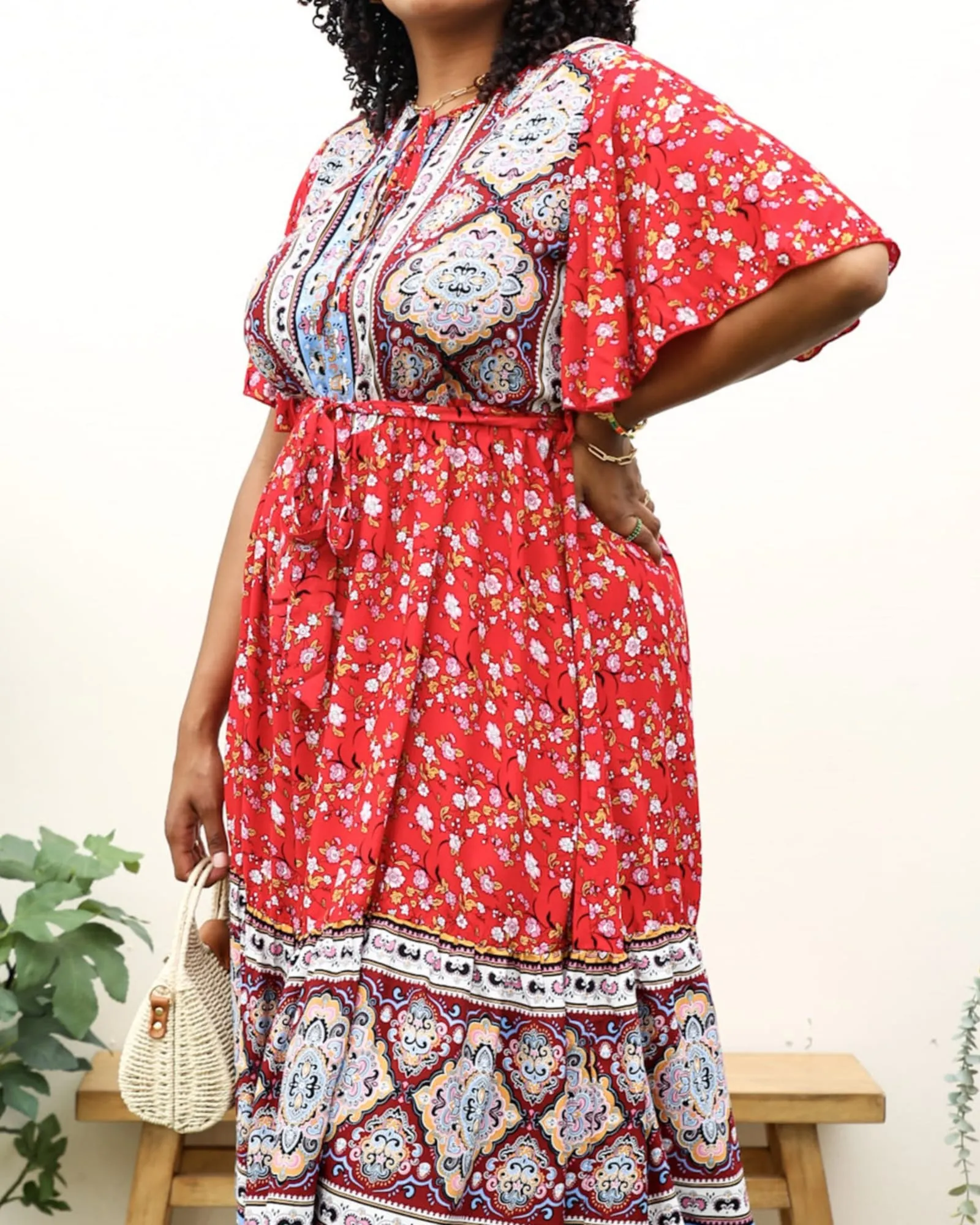 Paisley Floral Boho Print Tie Waist Midi Dress | Red